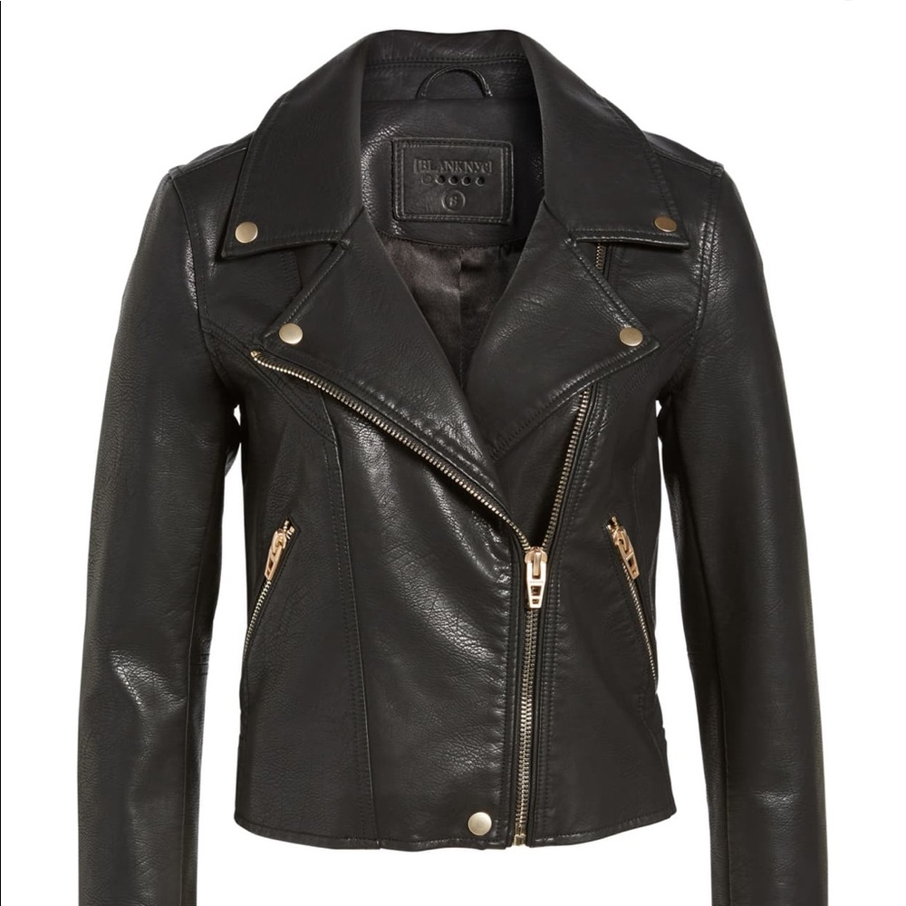 BLANK NYC black leather jacket with gold detailing